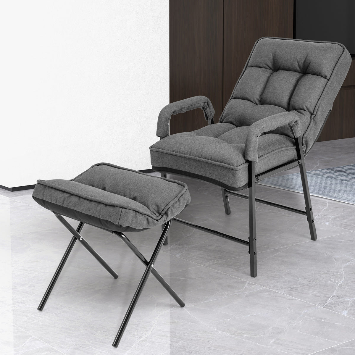 Linen Fabric Modern Accent Chair with Ottoman and Adjustable Backrest-Gray-Recliners-DECOROLALA