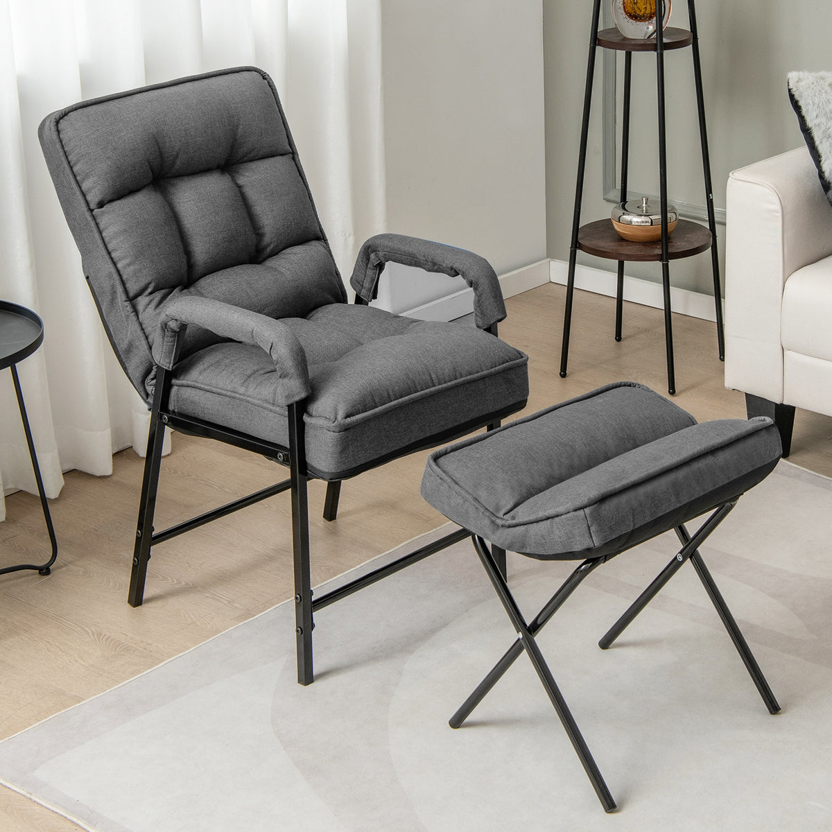 Linen Fabric Modern Accent Chair with Ottoman and Adjustable Backrest-Gray-Recliners-DECOROLALA