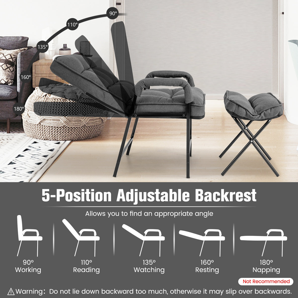Linen Fabric Modern Accent Chair with Ottoman and Adjustable Backrest-Gray-Recliners-DECOROLALA
