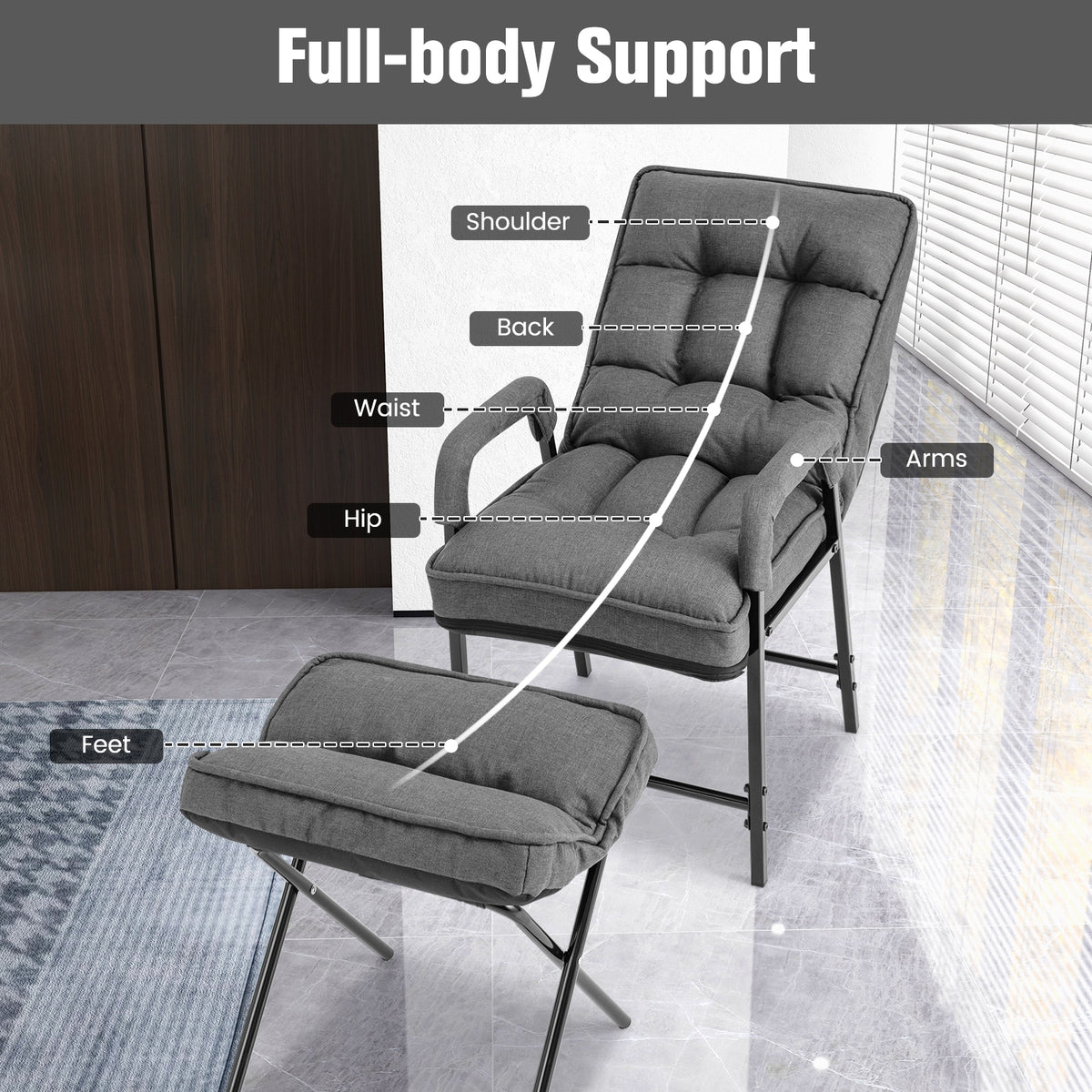 Linen Fabric Modern Accent Chair with Ottoman and Adjustable Backrest-Gray-Recliners-DECOROLALA