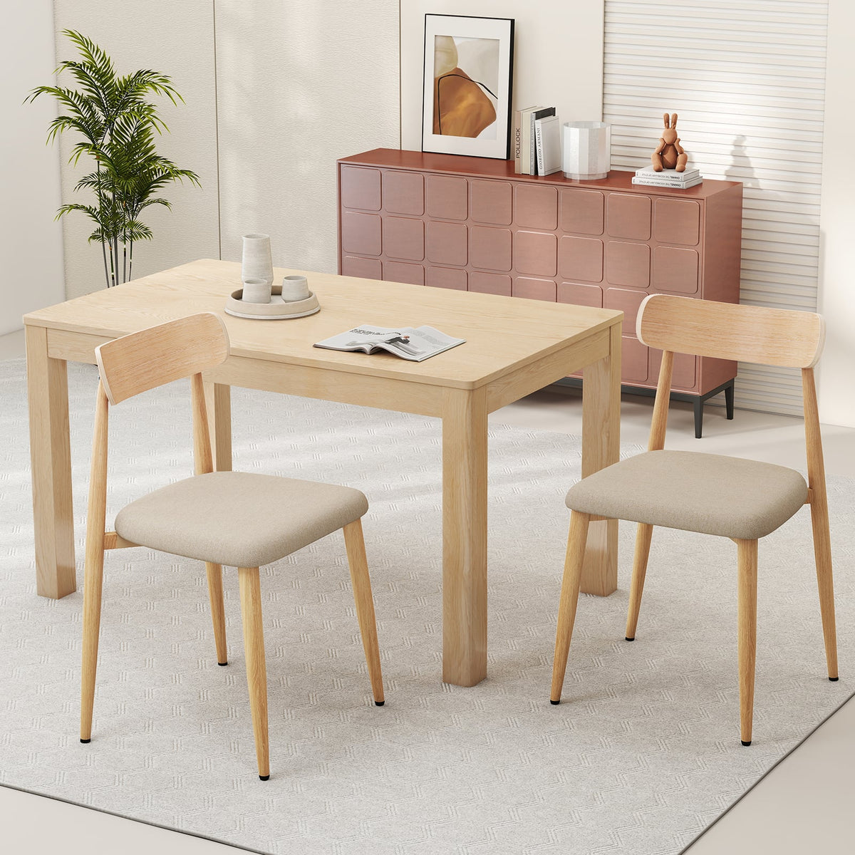 Linen Fabric Upholstered Modern Dining Chair Set of 2 with Padded Seat and Curved Back-Oak-Dining Chairs-DECOROLALA