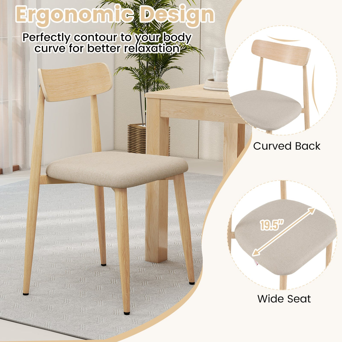 Linen Fabric Upholstered Modern Dining Chair Set of 2 with Padded Seat and Curved Back-Oak-Dining Chairs-DECOROLALA