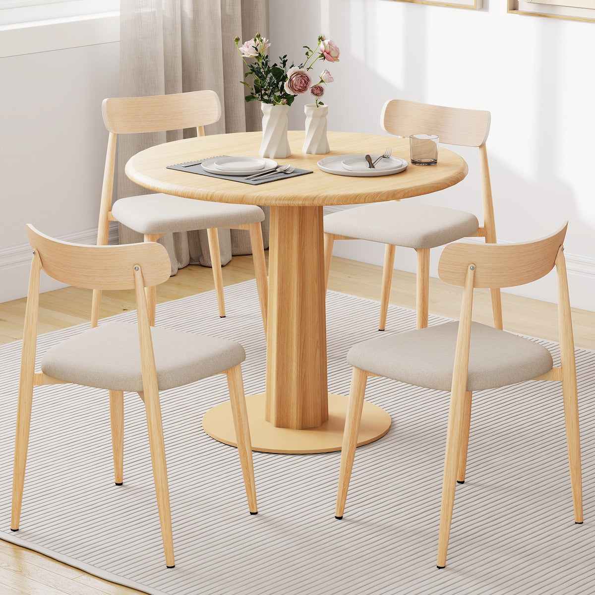 Linen Fabric Upholstered Modern Dining Chair Set of 4 with Padded Seat and Curved Back-Oak-Dining Chairs-DECOROLALA