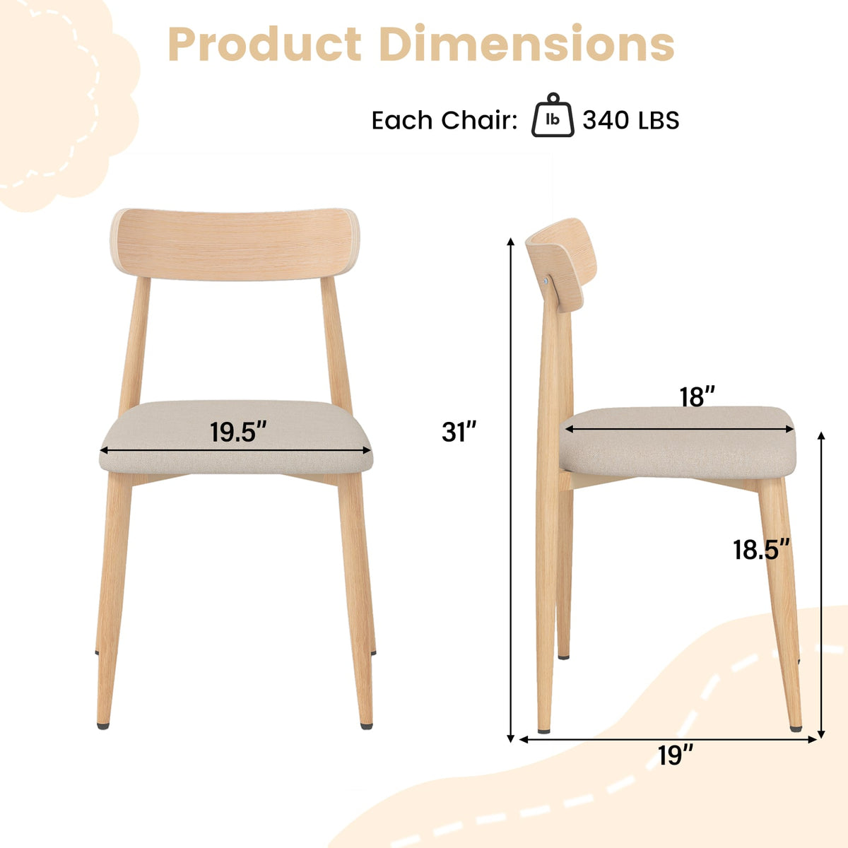 Linen Fabric Upholstered Modern Dining Chair Set of 4 with Padded Seat and Curved Back-Oak-Dining Chairs-DECOROLALA