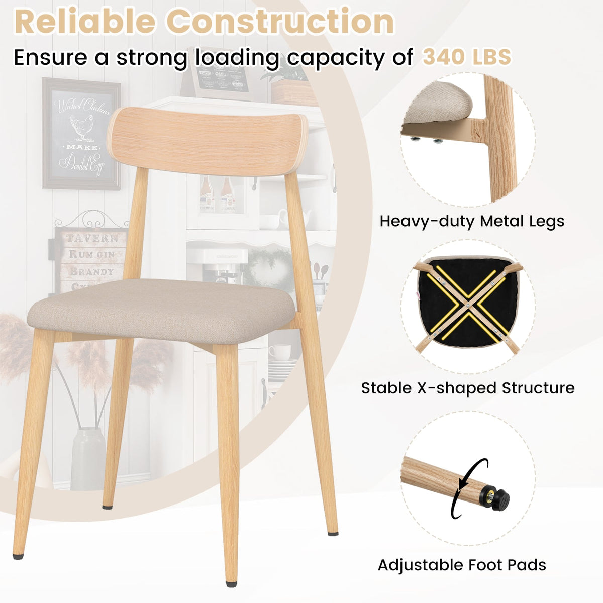 Linen Fabric Upholstered Modern Dining Chair Set of 4 with Padded Seat and Curved Back-Oak-Dining Chairs-DECOROLALA