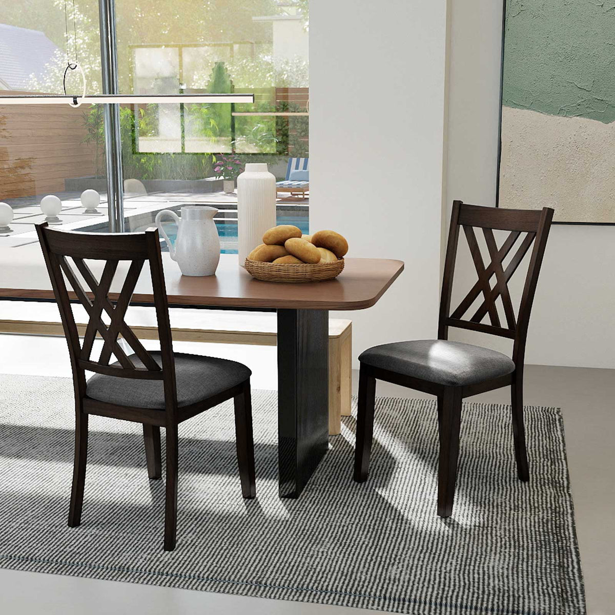 Linen Fabric Upholstered Wooden Dining Chair Set of 2 with Rubber Wood Frame for Dining Room-Gray-Dining Chairs-DECOROLALA