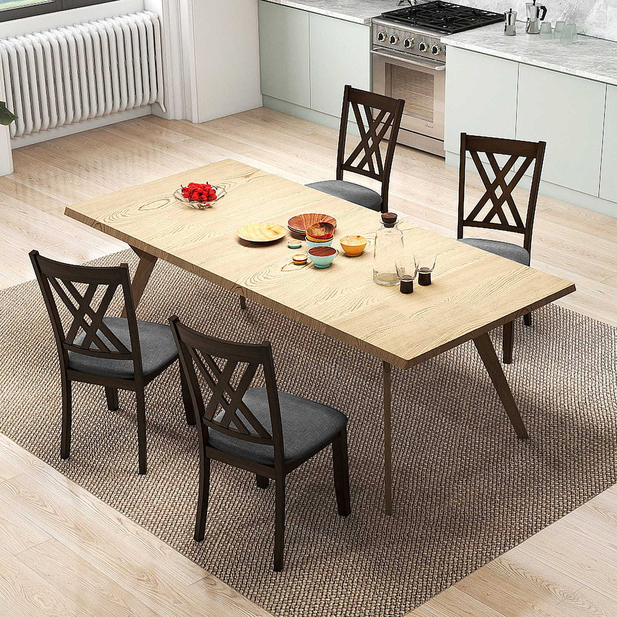 Linen Fabric Upholstered Wooden Dining Chair Set of 2 with Rubber Wood Frame for Dining Room-Gray-Dining Chairs-DECOROLALA