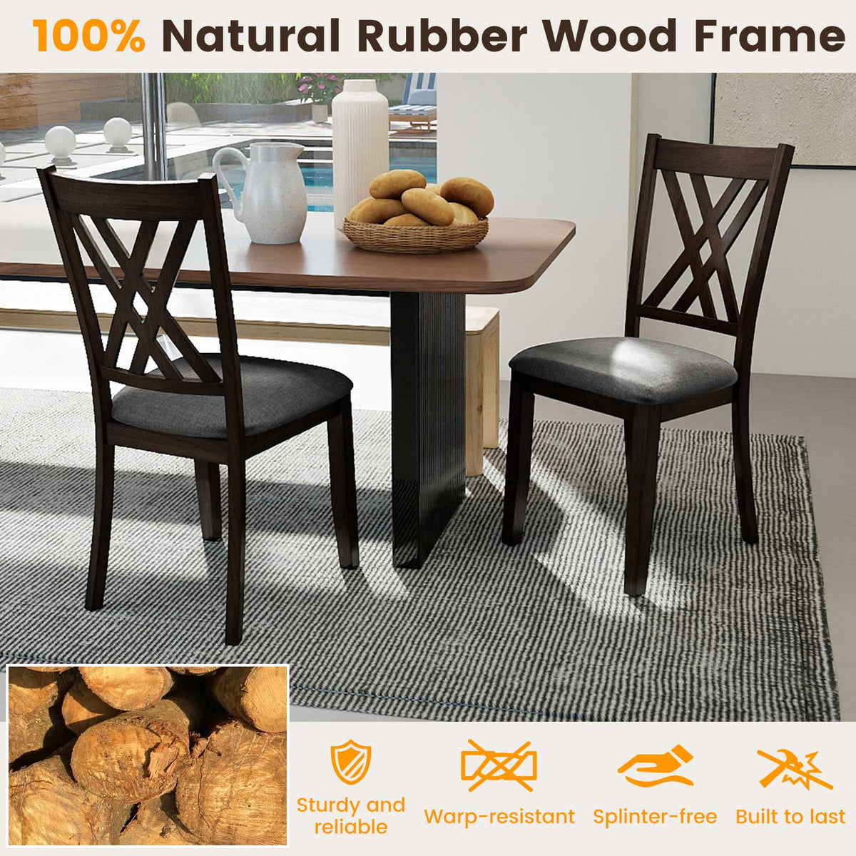 Linen Fabric Upholstered Wooden Dining Chair Set of 2 with Rubber Wood Frame for Dining Room-Gray-Dining Chairs-DECOROLALA