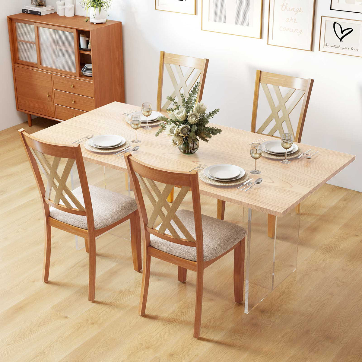 Linen Fabric Upholstered Wooden Dining Chair Set of 2 with Rubber Wood Frame for Dining Room-Natural-Dining Chairs-DECOROLALA