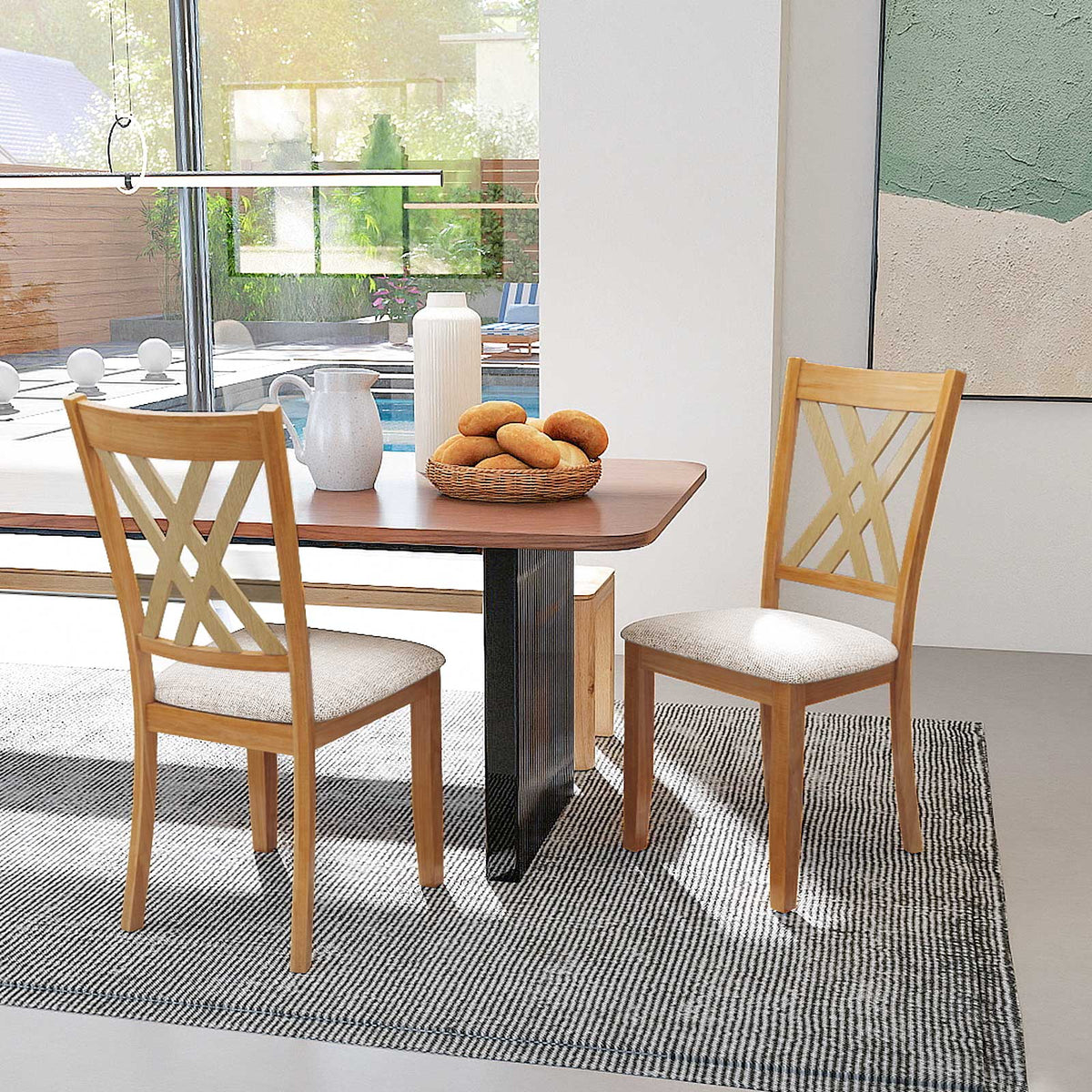 Linen Fabric Upholstered Wooden Dining Chair Set of 2 with Rubber Wood Frame for Dining Room-Natural-Dining Chairs-DECOROLALA