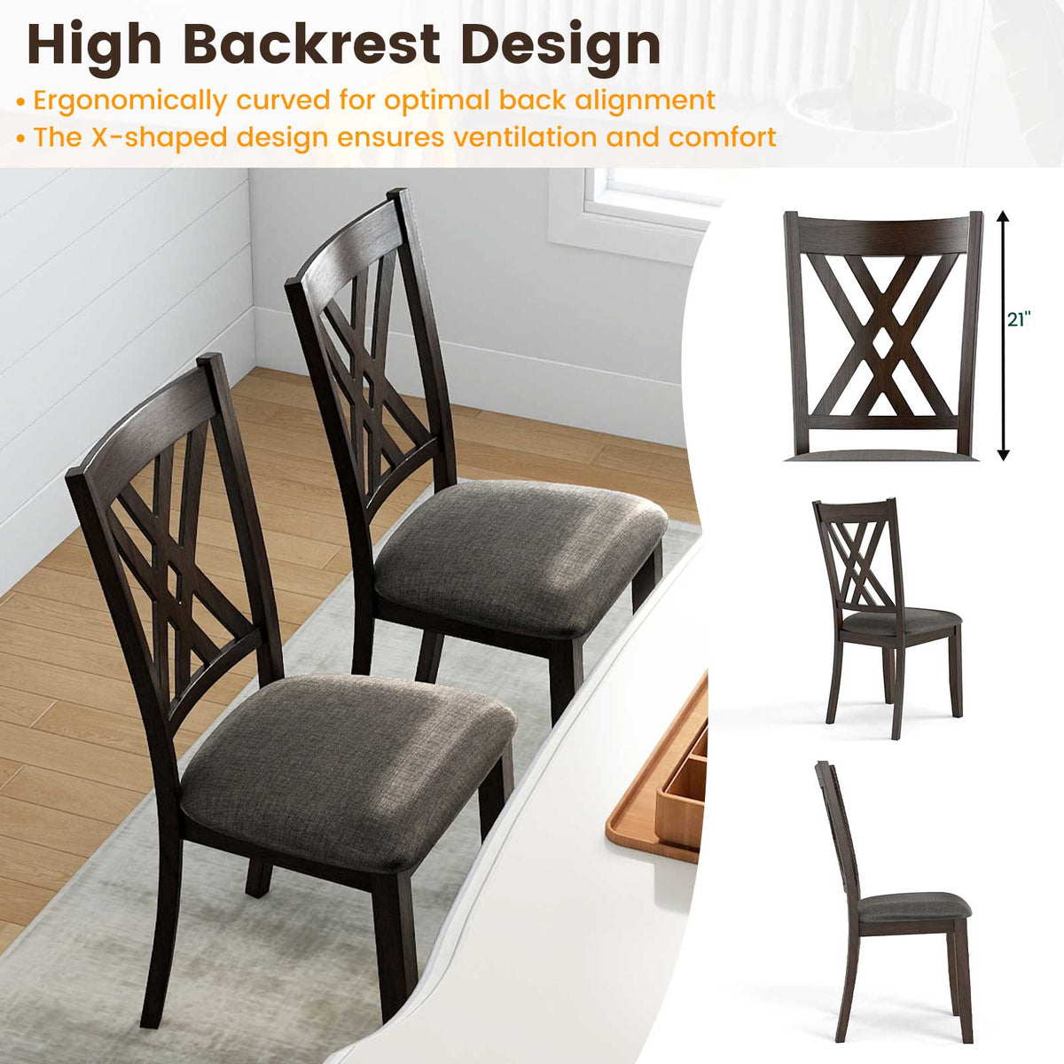 Linen Fabric Upholstered Wooden Dining Chair Set of 4 with Rubber Wood Frame for Dining Room-Gray-Dining Chairs-DECOROLALA