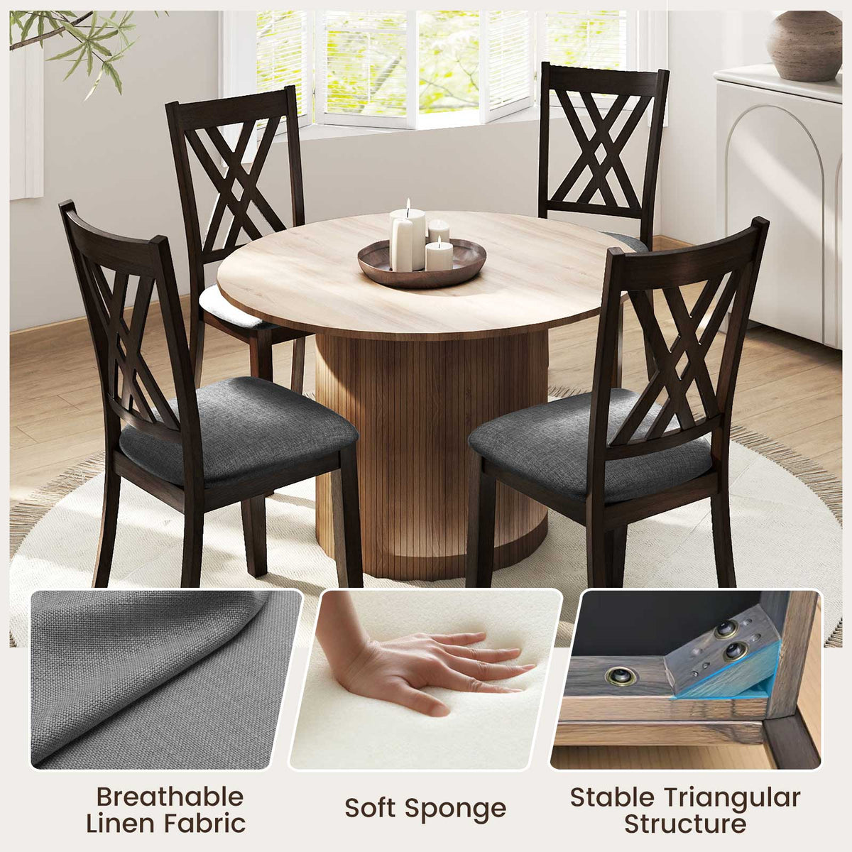 Linen Fabric Upholstered Wooden Dining Chair Set of 4 with Rubber Wood Frame for Dining Room-Gray-Dining Chairs-DECOROLALA