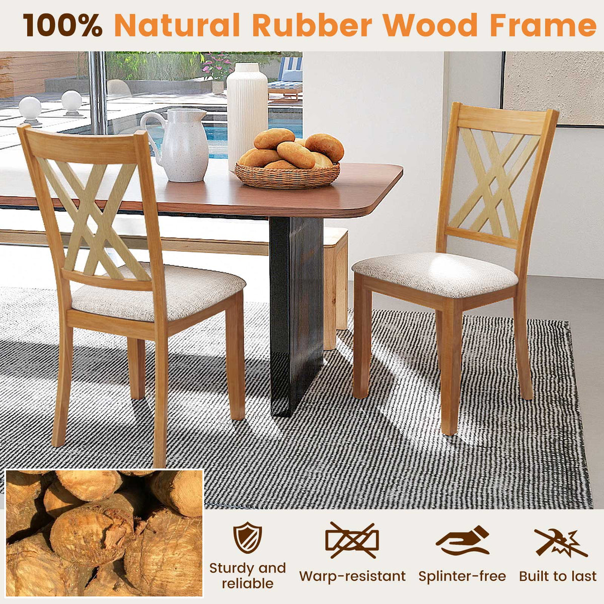 Linen Fabric Upholstered Wooden Dining Chair Set of 4 with Rubber Wood Frame for Dining Room-Natural-Dining Chairs-DECOROLALA