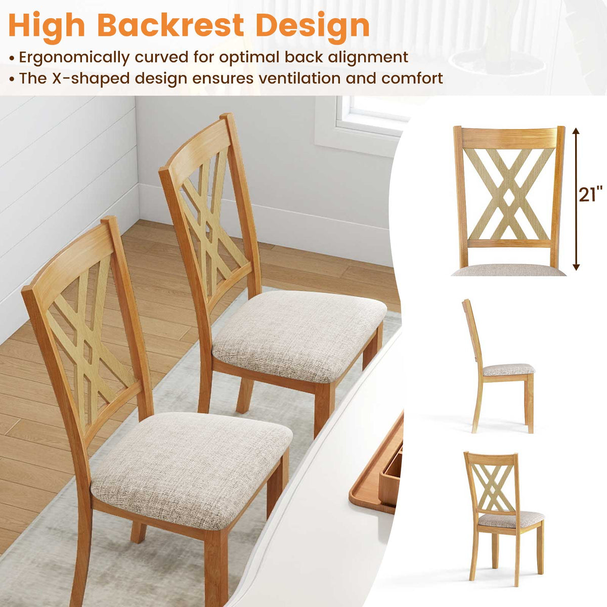 Linen Fabric Upholstered Wooden Dining Chair Set of 4 with Rubber Wood Frame for Dining Room-Natural-Dining Chairs-DECOROLALA