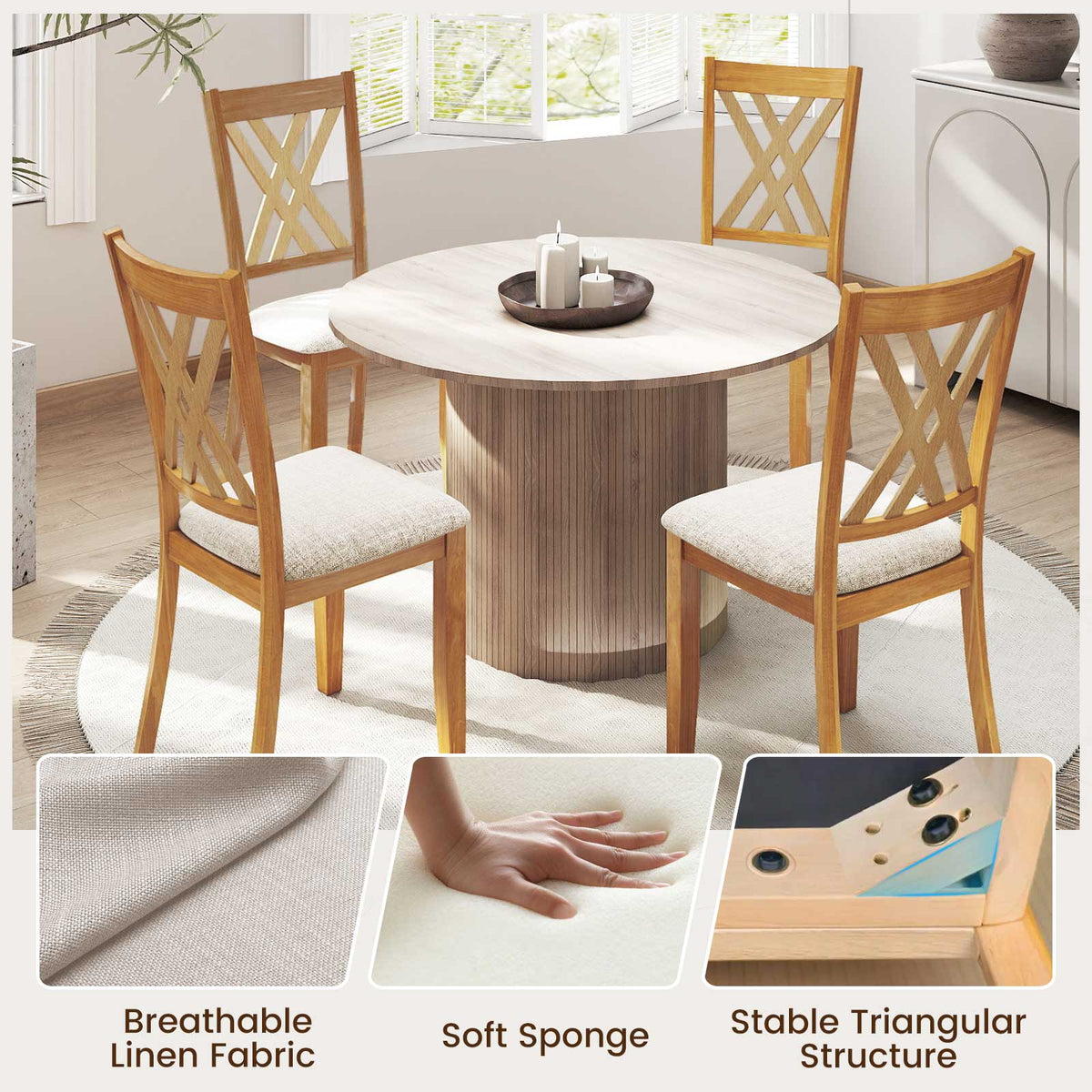 Linen Fabric Upholstered Wooden Dining Chair Set of 4 with Rubber Wood Frame for Dining Room-Natural-Dining Chairs-DECOROLALA