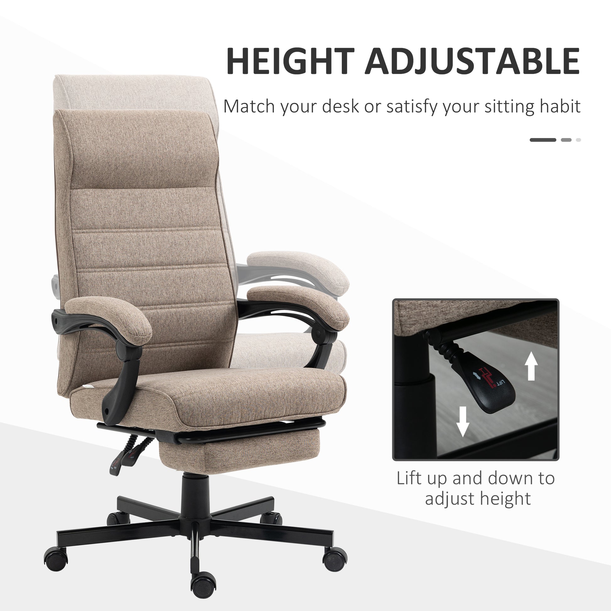 Linen High Back Office Chair with Footrest - Brown-Office Products > Office Furniture > Office Chairs > Task Chairs-DECOROLALA