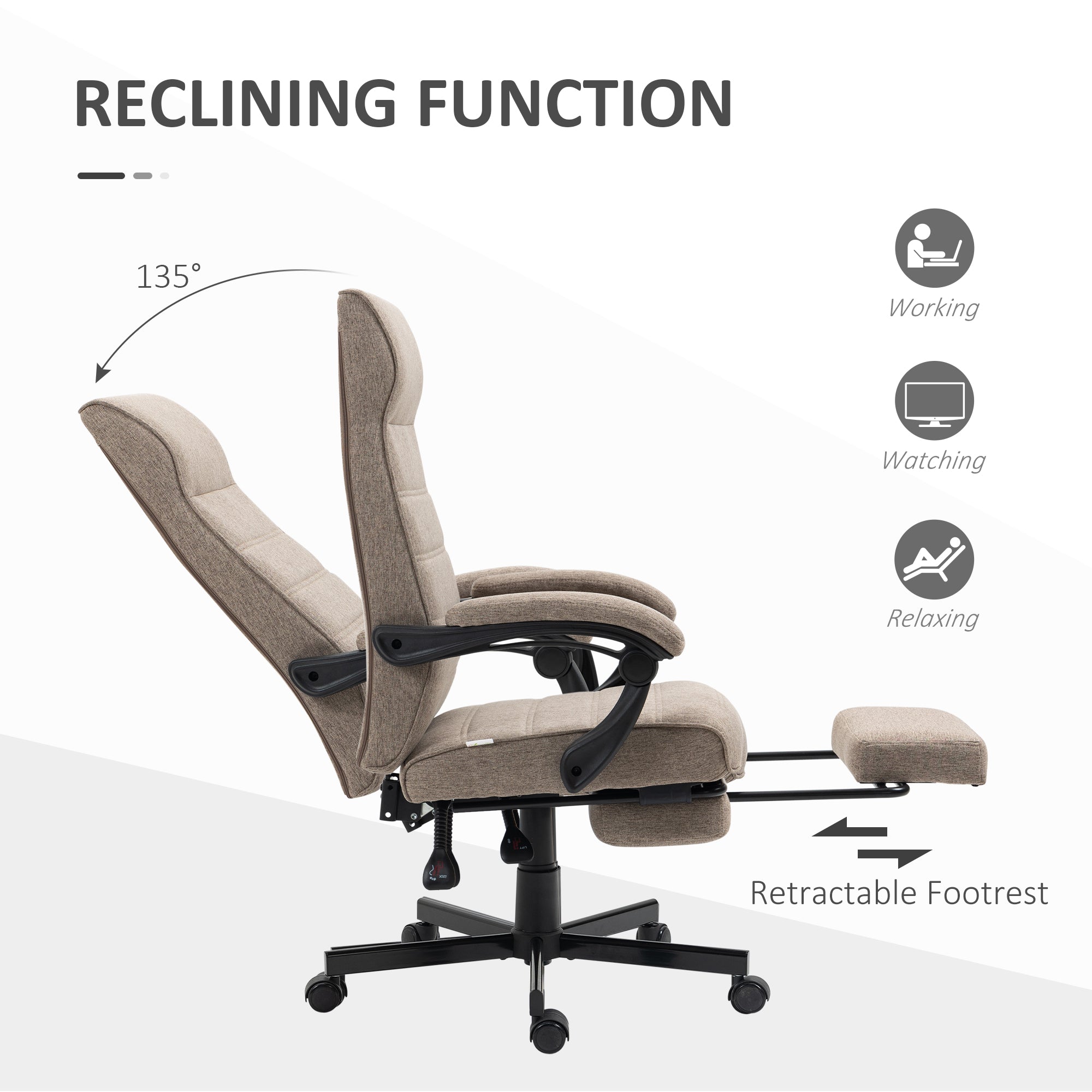 Linen High Back Office Chair with Footrest - Brown-Office Products > Office Furniture > Office Chairs > Task Chairs-DECOROLALA
