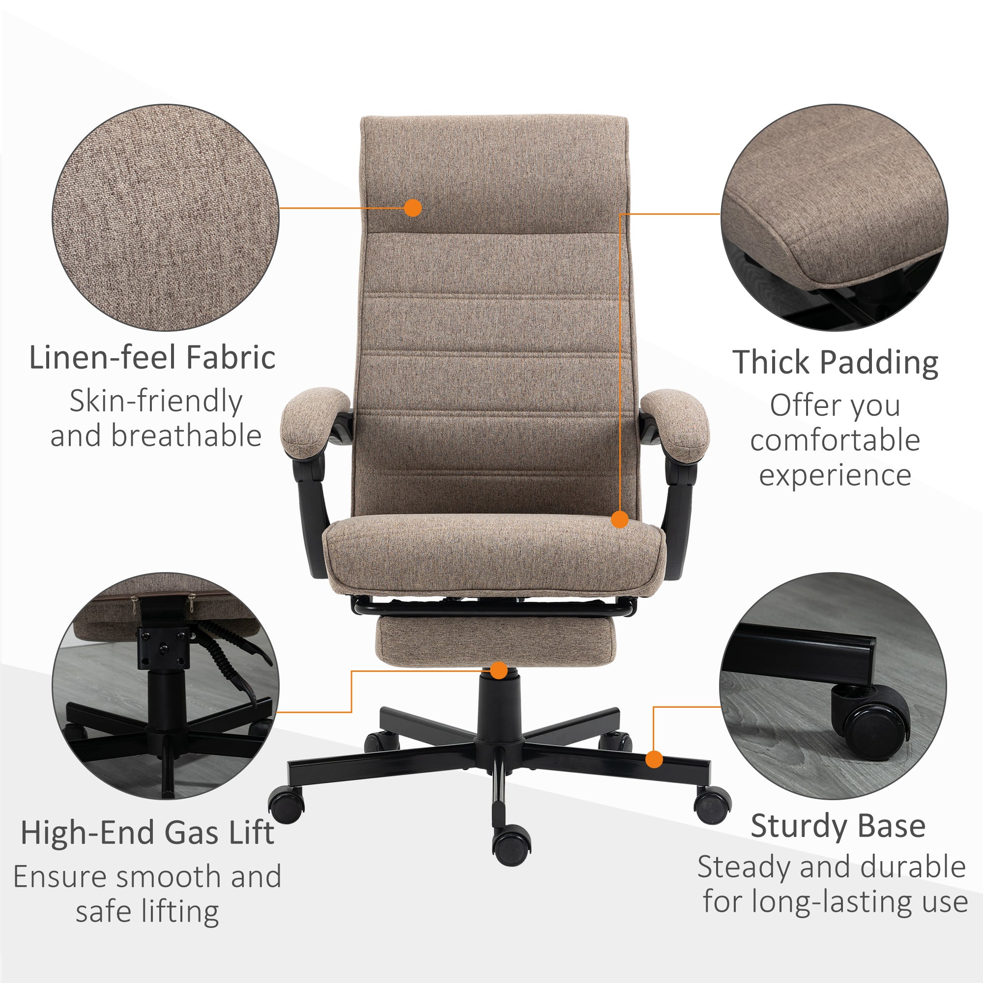 Linen High Back Office Chair with Footrest - Brown-Office Products > Office Furniture > Office Chairs > Task Chairs-DECOROLALA