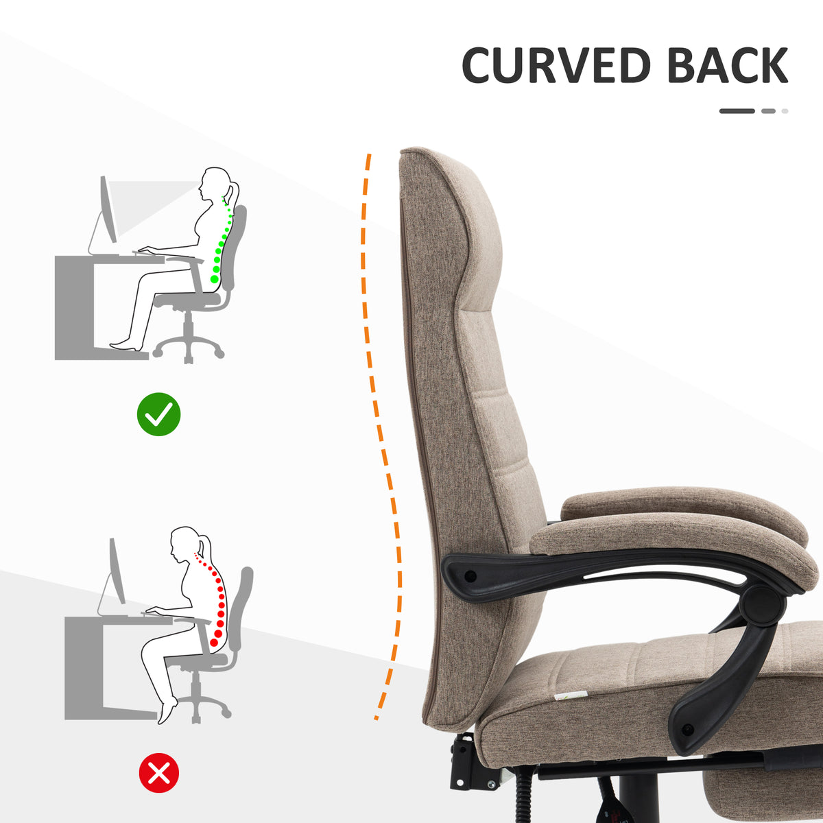 Linen High Back Office Chair with Footrest - Brown-Office Products > Office Furniture > Office Chairs > Task Chairs-DECOROLALA