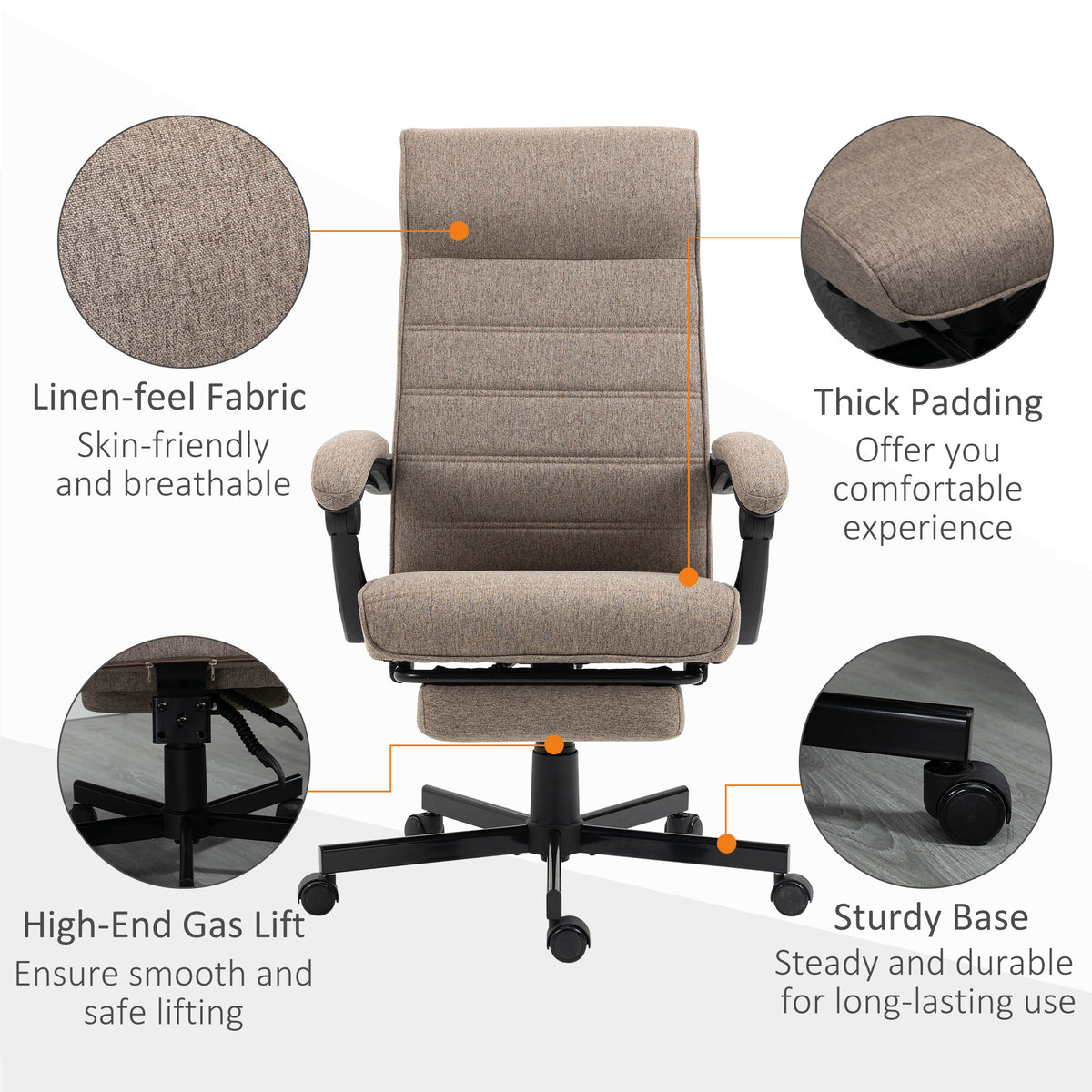 Linen High Back Office Chair with Footrest - Brown-Task Chairs-DECOROLALA