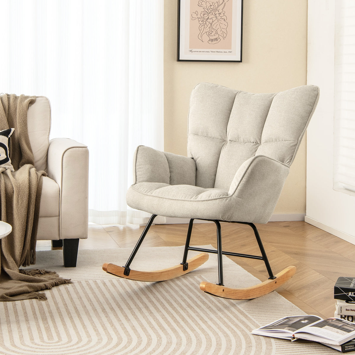 Linen Nursery Rocking Chair with High Backrest and Padded Armrests-White-Accent Chairs-DECOROLALA