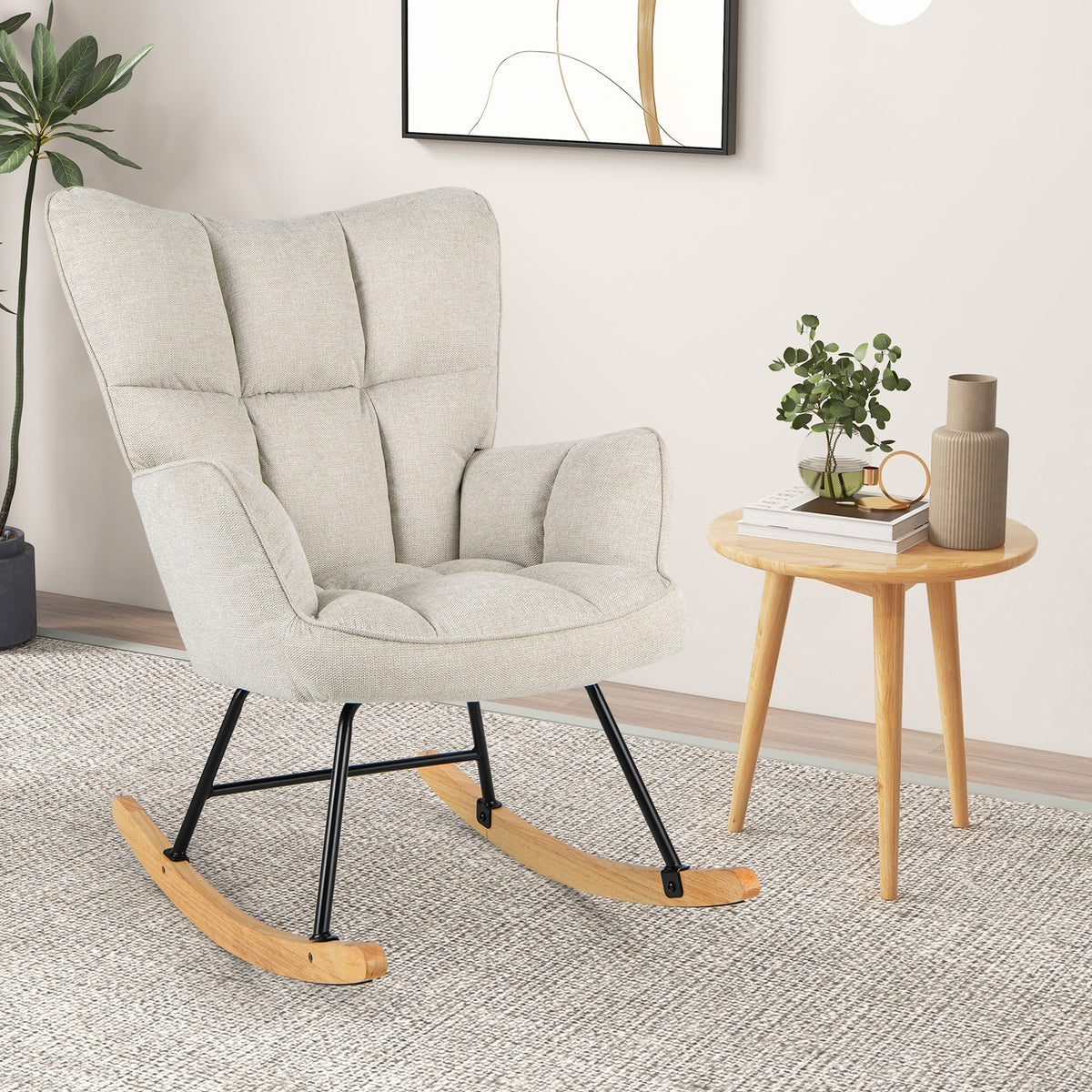 Linen Nursery Rocking Chair with High Backrest and Padded Armrests-White-Accent Chairs-DECOROLALA