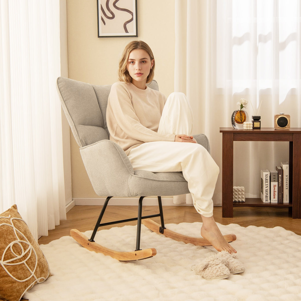 Linen Nursery Rocking Chair with High Backrest and Padded Armrests-White-Accent Chairs-DECOROLALA
