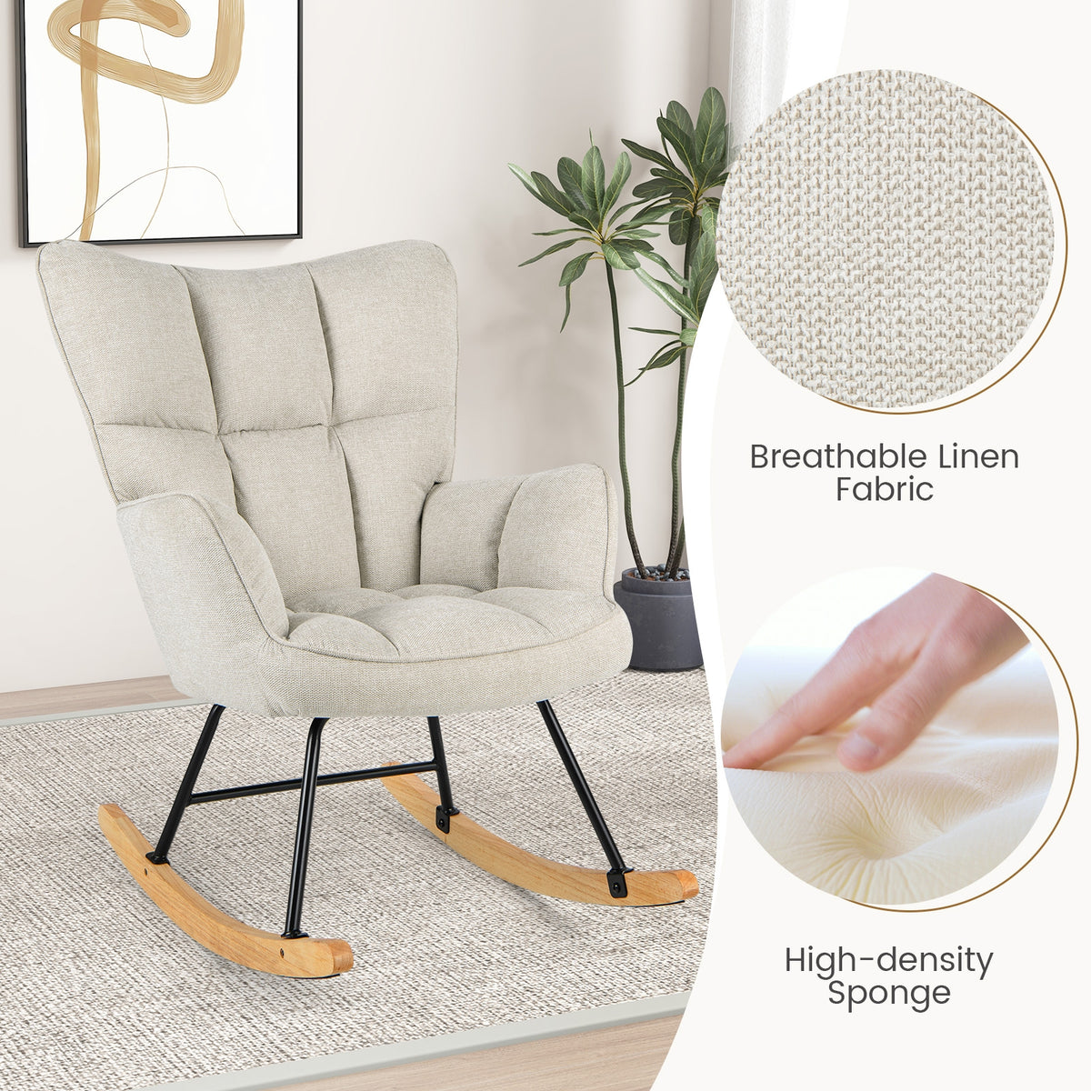 Linen Nursery Rocking Chair with High Backrest and Padded Armrests-White-Accent Chairs-DECOROLALA