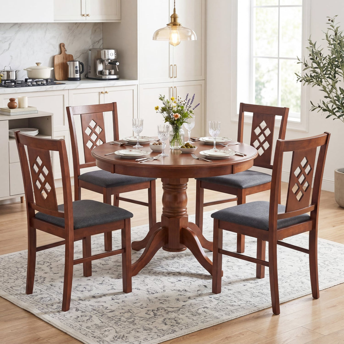 Linen Style Upholstered Kitchen Chairs with Wood Frames Set of 4-Cherry-Dining Chairs-DECOROLALA