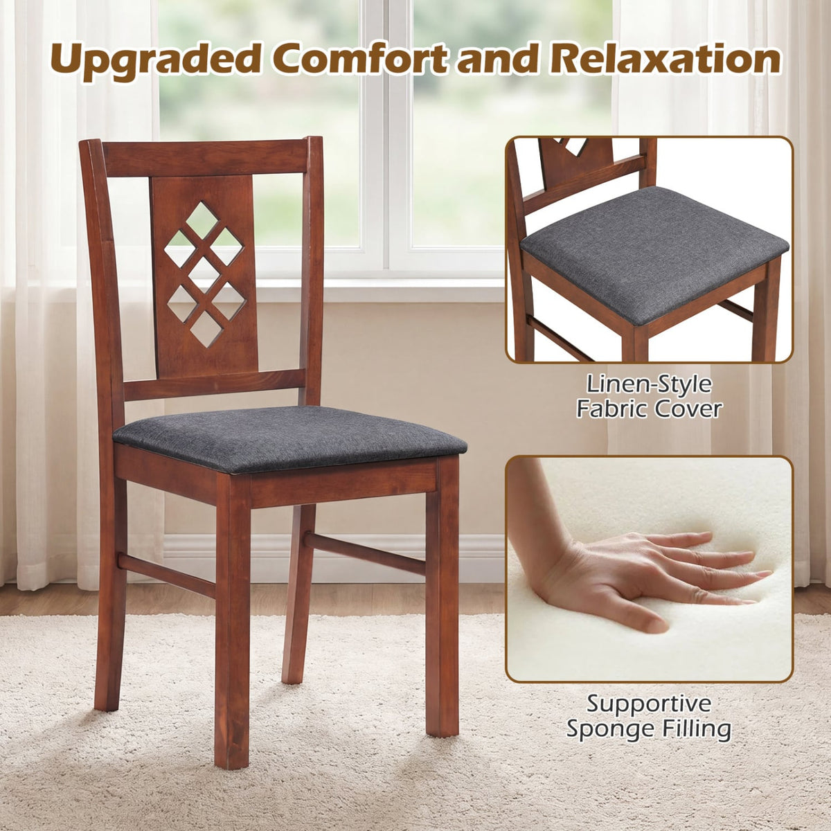 Linen Style Upholstered Kitchen Chairs with Wood Frames Set of 4-Cherry-Dining Chairs-DECOROLALA