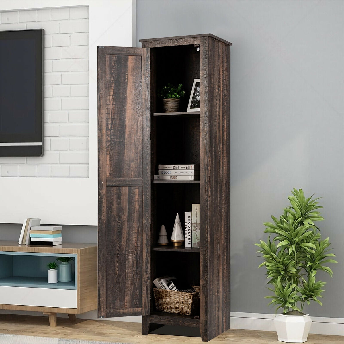 Linen Tower Bathroom Storage Cabinet - Walnut 17"x16"x72"-Floor Cabinets-DECOROLALA