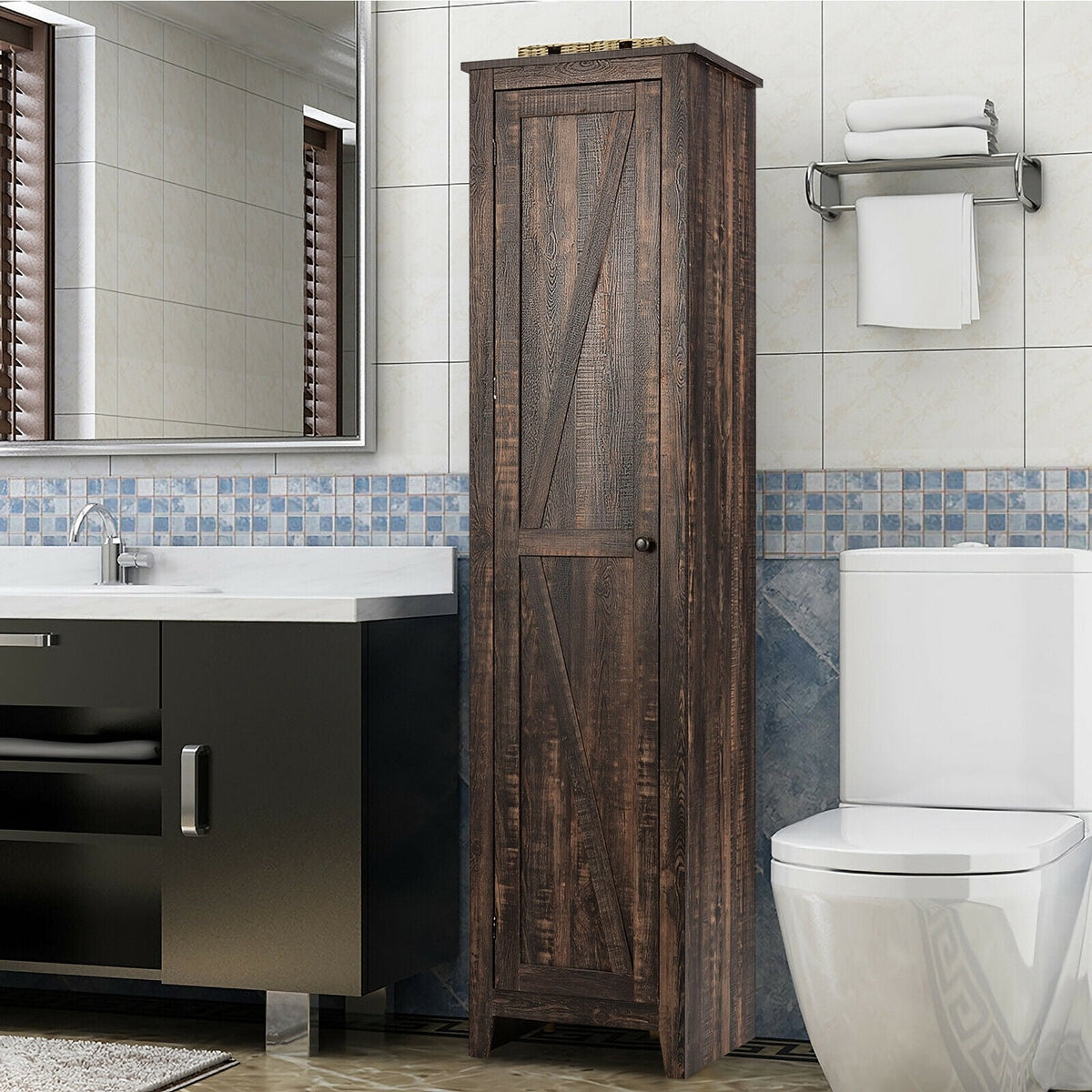 Linen Tower Bathroom Storage Cabinet - Walnut 17"x16"x72"-Floor Cabinets-DECOROLALA