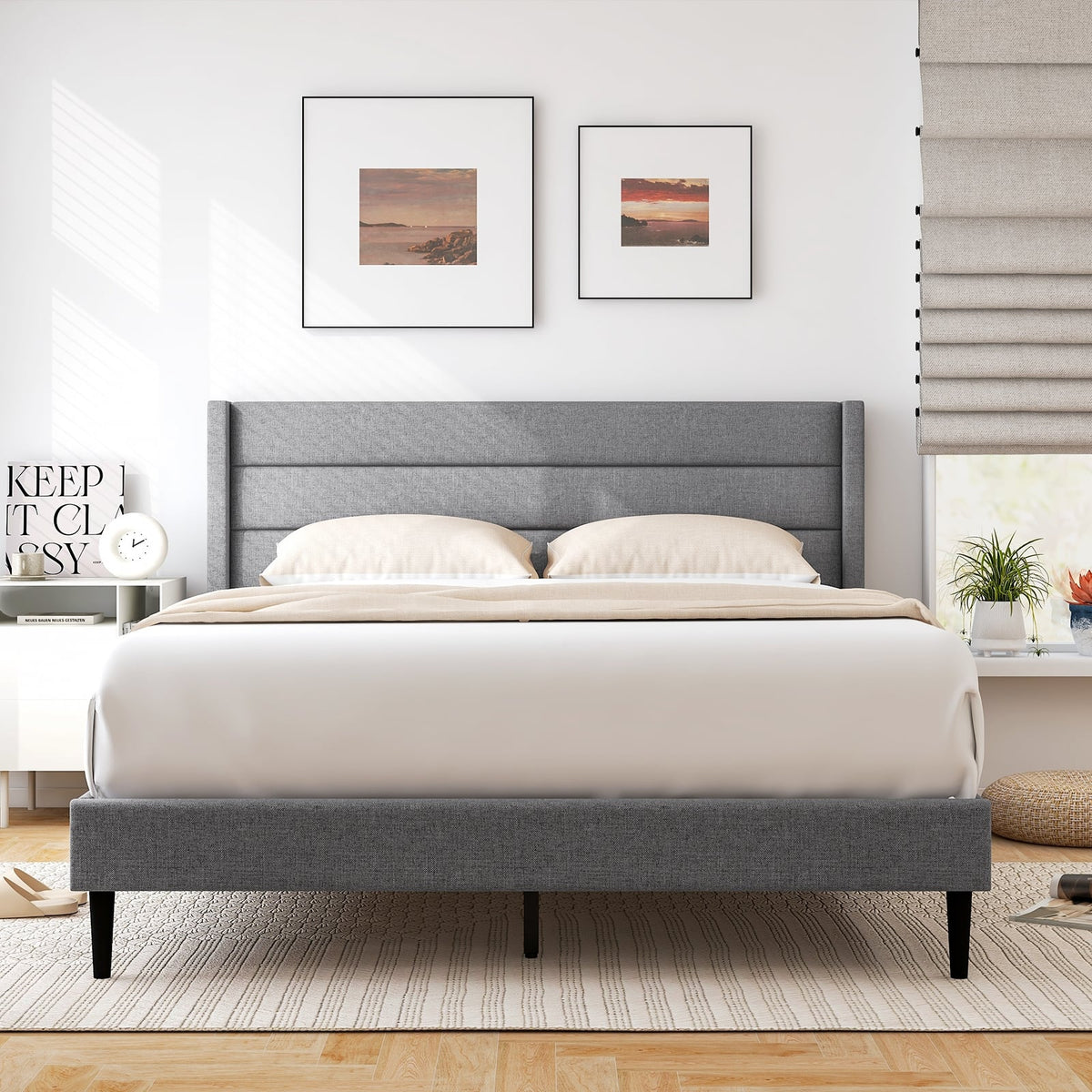 Linen Upholstered Platform Twin/Queen Bed Frame with Wingback Headboard-Queen Size-Simple Bed Frame-DECOROLALA