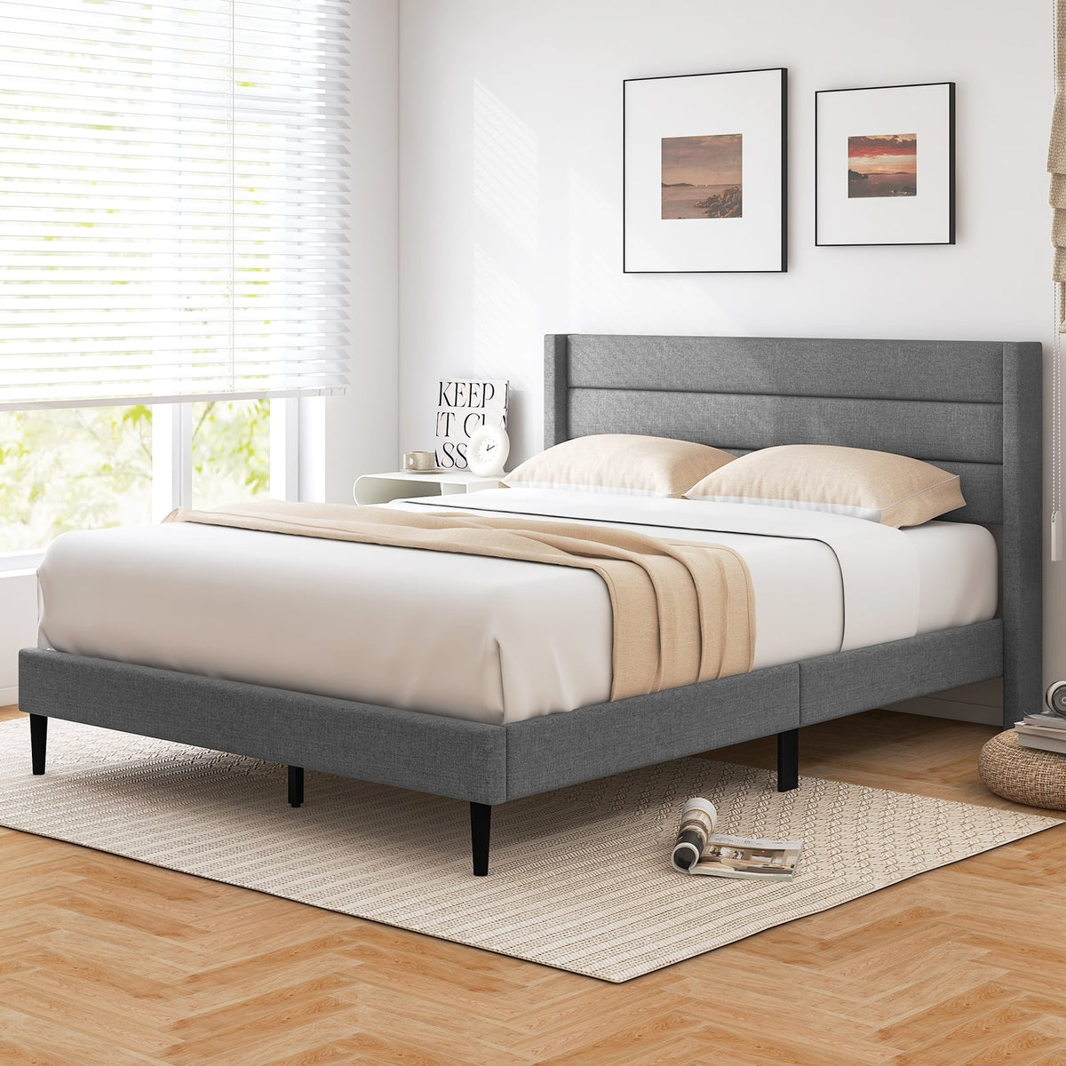 Linen Upholstered Platform Twin/Queen Bed Frame with Wingback Headboard-Queen Size-Simple Bed Frame-DECOROLALA
