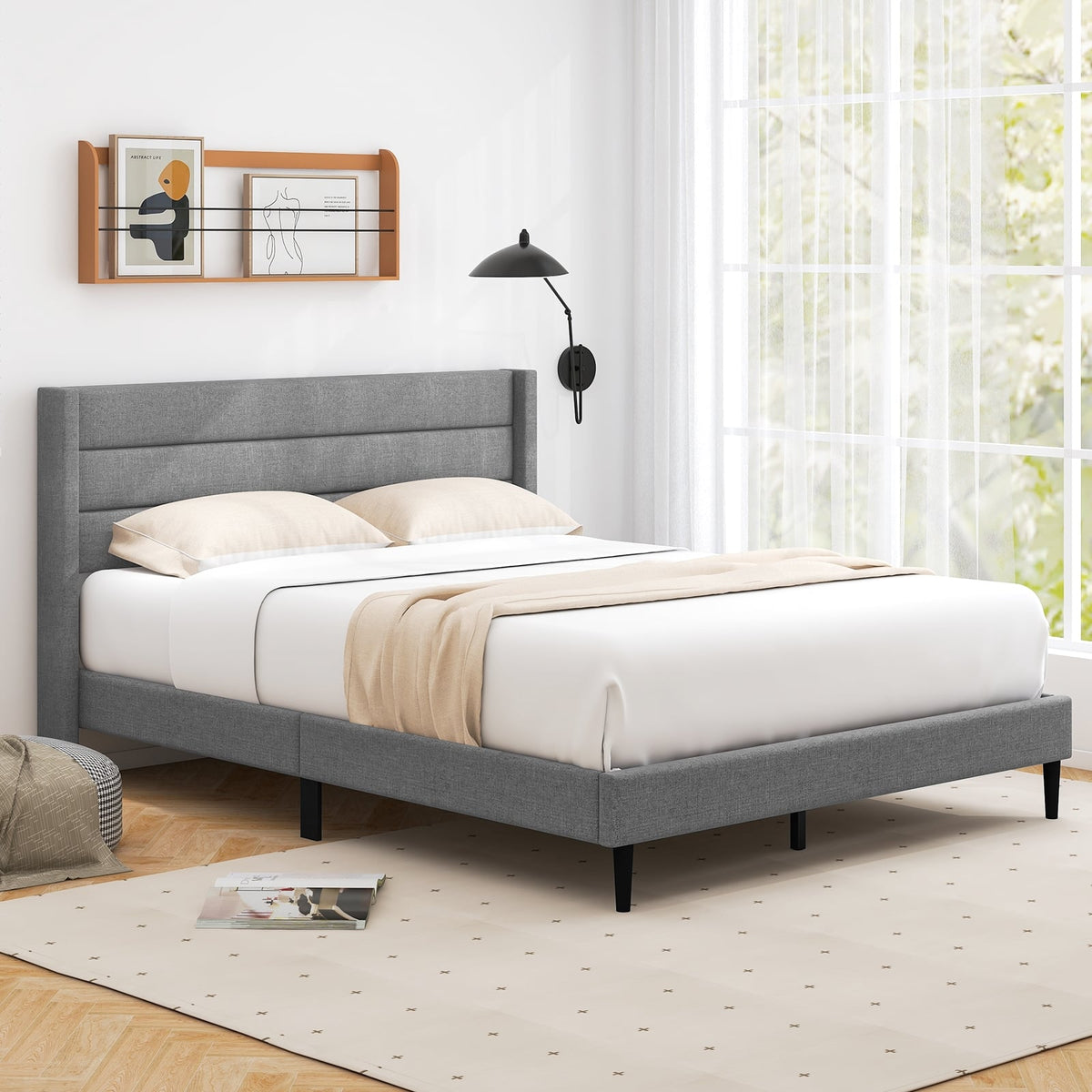 Linen Upholstered Platform Twin/Queen Bed Frame with Wingback Headboard-Queen Size-Simple Bed Frame-DECOROLALA