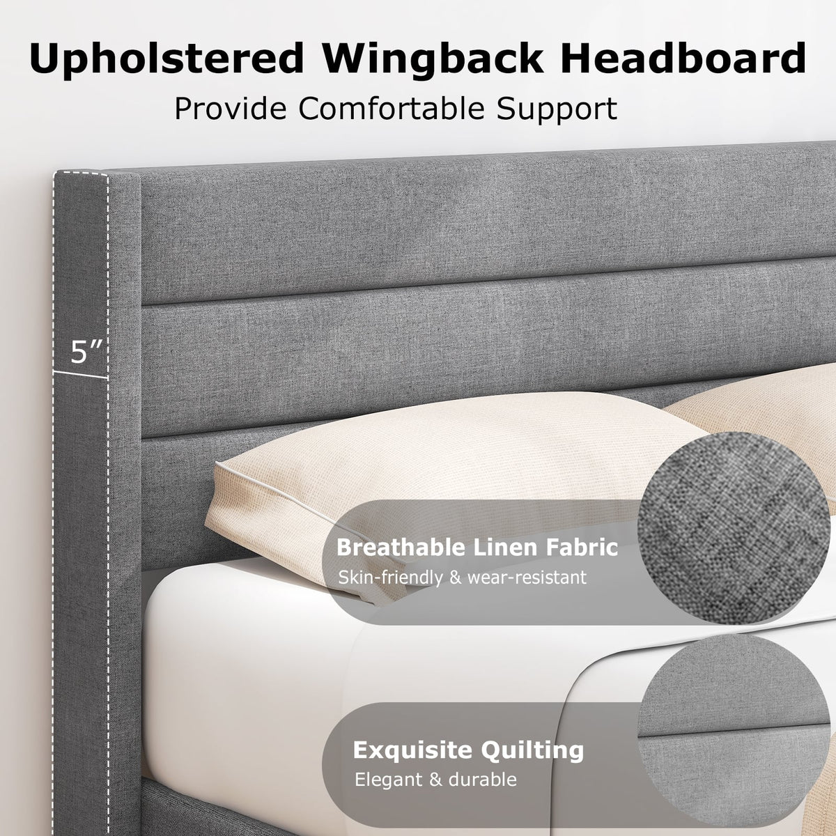 Linen Upholstered Platform Twin/Queen Bed Frame with Wingback Headboard-Queen Size-Simple Bed Frame-DECOROLALA