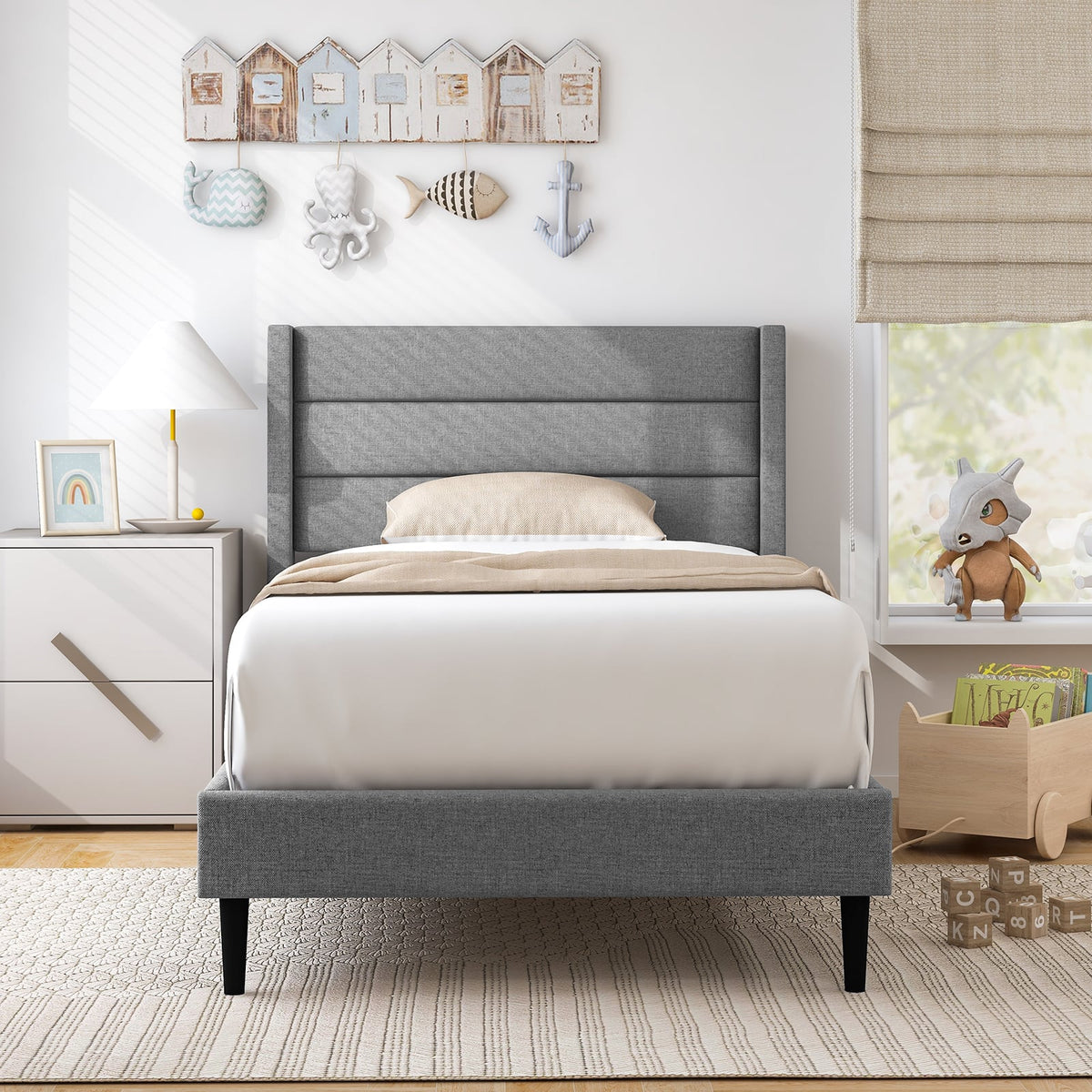 Linen Upholstered Platform Twin/Queen Bed Frame with Wingback Headboard-Twin Size-Simple Bed Frame-DECOROLALA