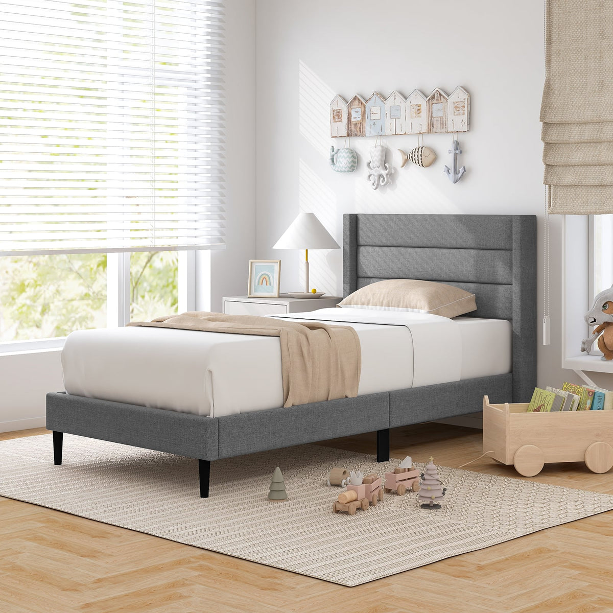 Linen Upholstered Platform Twin/Queen Bed Frame with Wingback Headboard-Twin Size-Simple Bed Frame-DECOROLALA