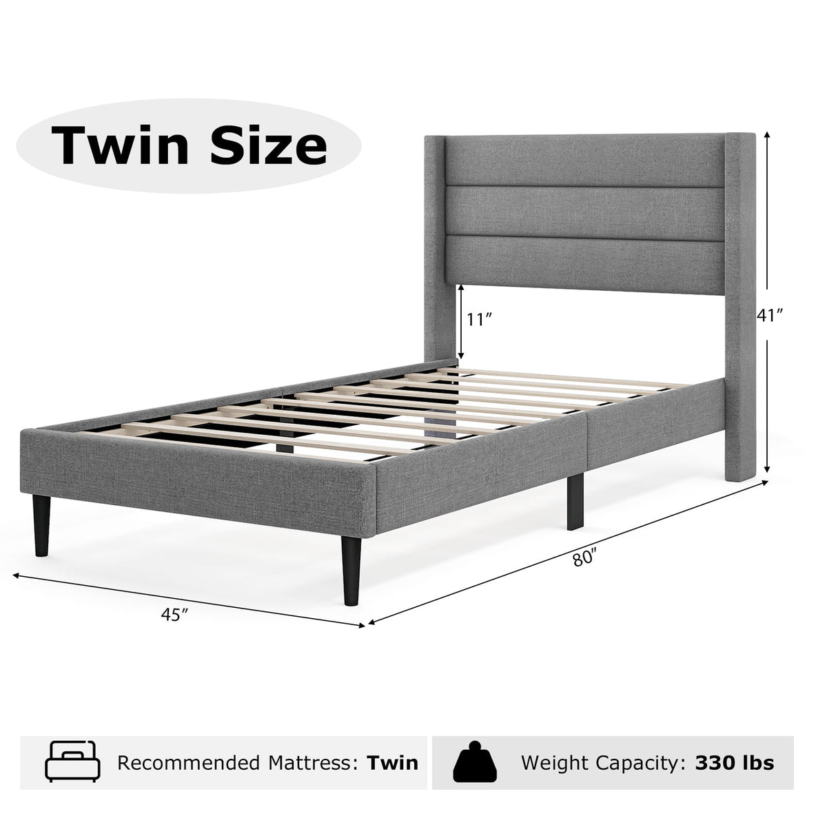 Linen Upholstered Platform Twin/Queen Bed Frame with Wingback Headboard-Twin Size-Simple Bed Frame-DECOROLALA
