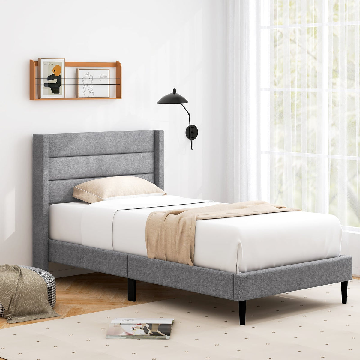 Linen Upholstered Platform Twin/Queen Bed Frame with Wingback Headboard-Twin Size-Simple Bed Frame-DECOROLALA