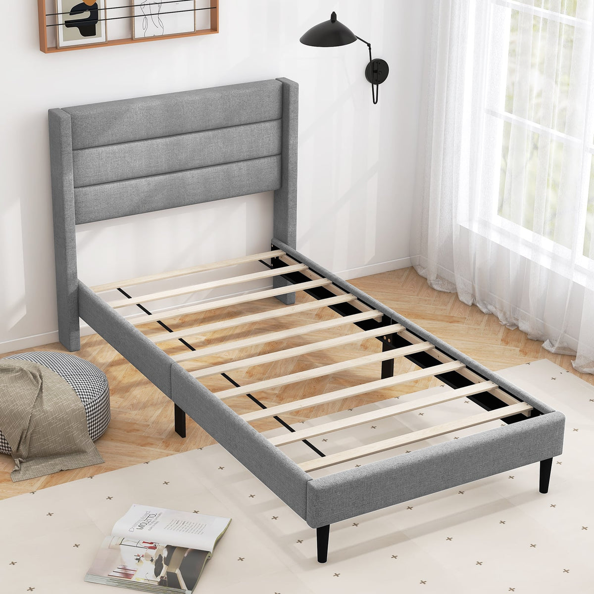 Linen Upholstered Platform Twin/Queen Bed Frame with Wingback Headboard-Twin Size-Simple Bed Frame-DECOROLALA
