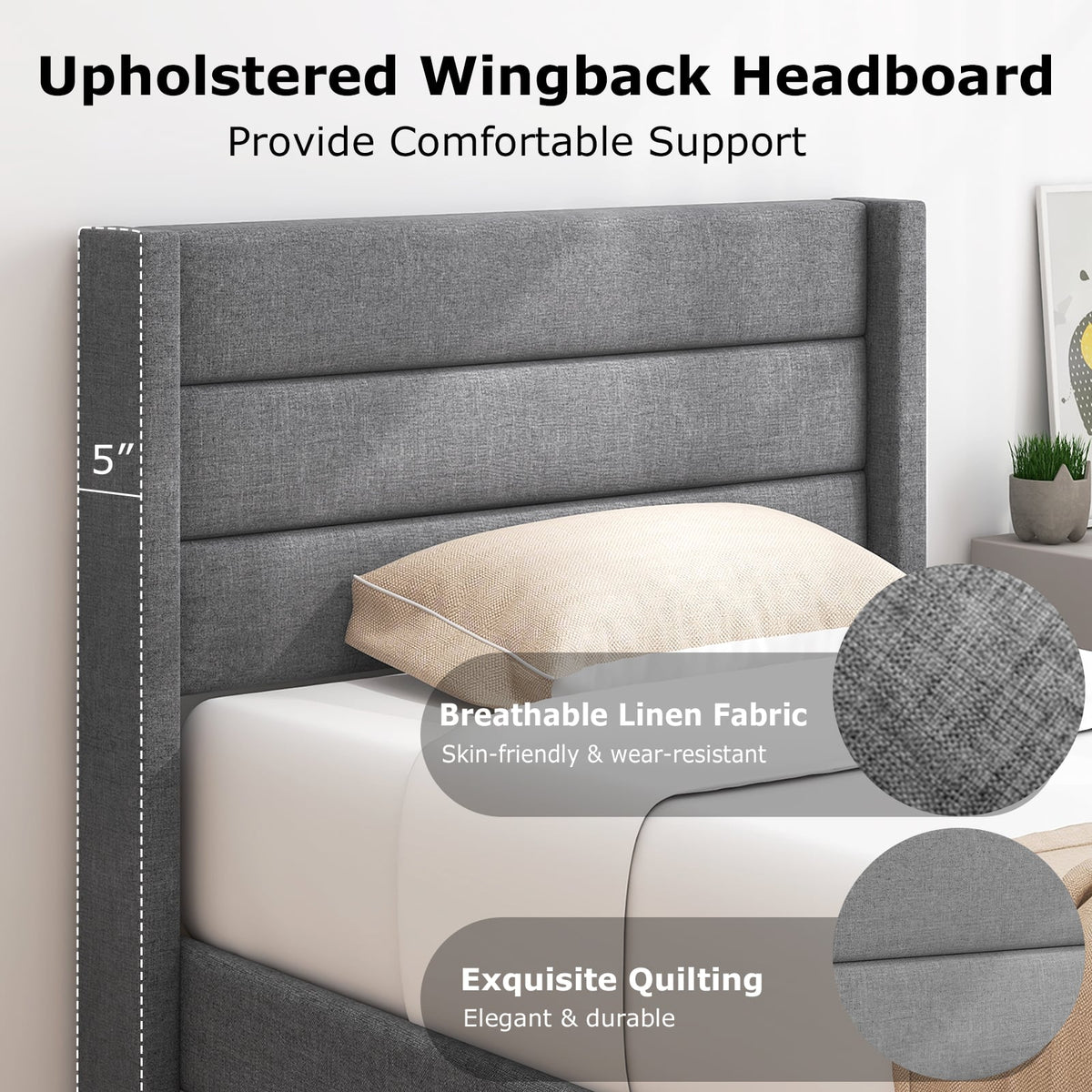 Linen Upholstered Platform Twin/Queen Bed Frame with Wingback Headboard-Twin Size-Simple Bed Frame-DECOROLALA