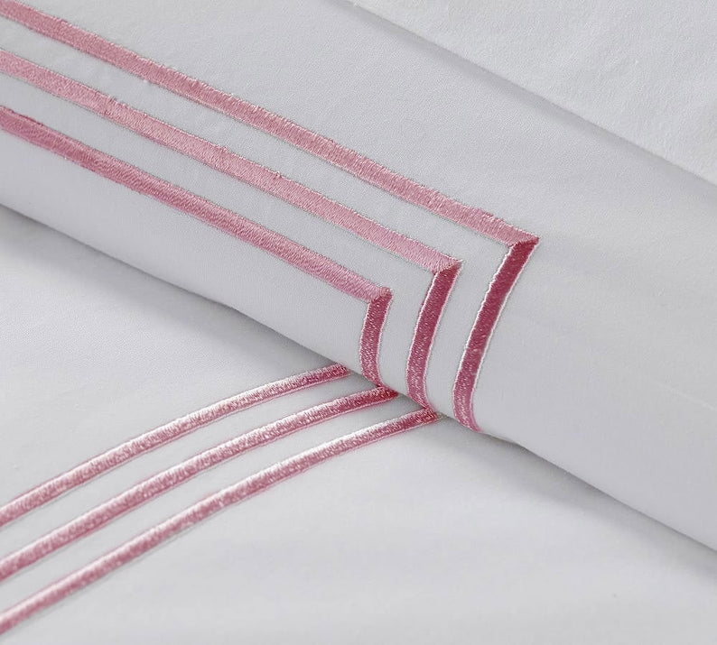 Lines Cotton Sateen Embroidered Edge Duvet Cover Set-Duvet Cover-DECOROLALA