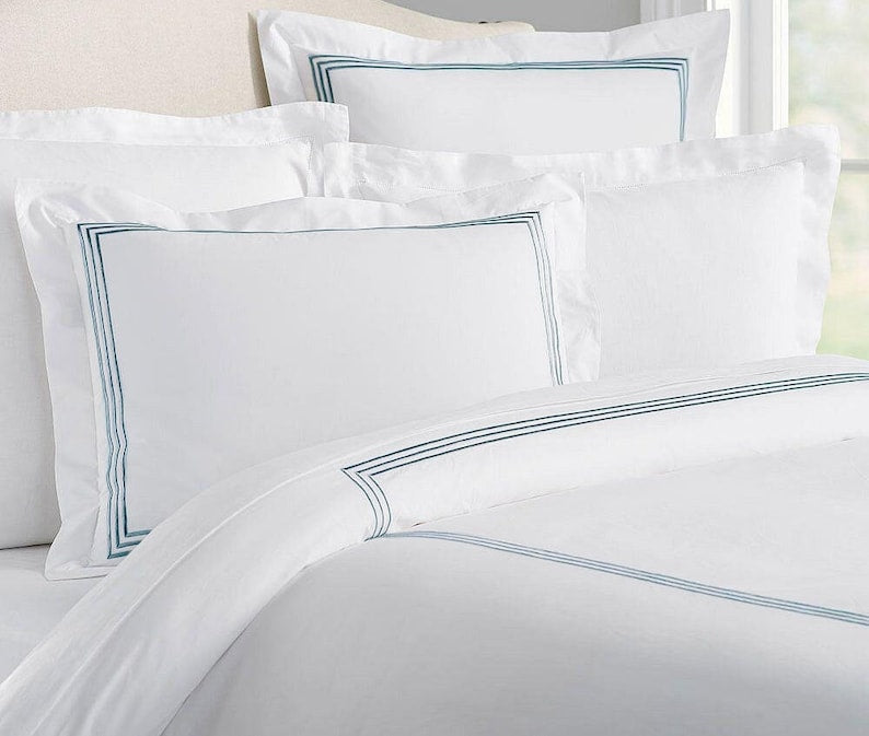 Lines Cotton Sateen Embroidered Edge Duvet Cover Set-Duvet Cover-DECOROLALA