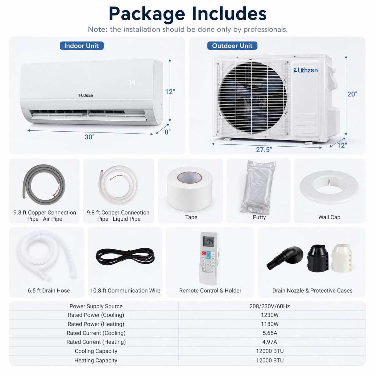 Lithzen 12000 BTU 208-230V 17 SEER2 Mini Split Air Conditioner and Heater WiFi Enabled-Mini Split Air Conditioners-DECOROLALA