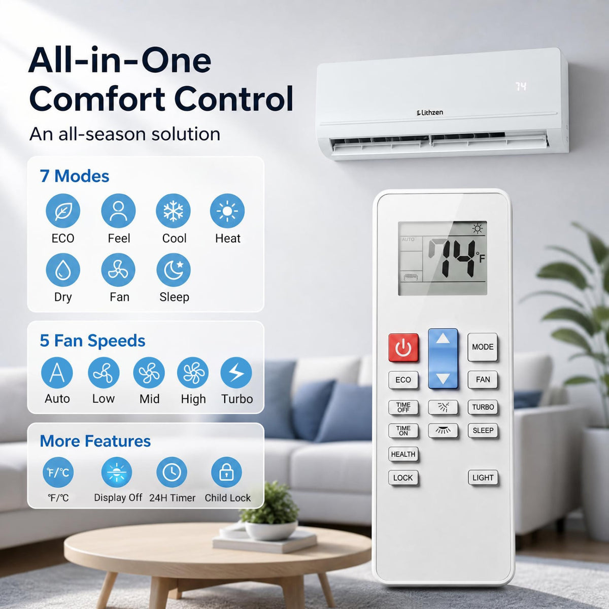 Lithzen 12000 BTU 208-230V 17 SEER2 Mini Split Air Conditioner and Heater WiFi Enabled-Mini Split Air Conditioners-DECOROLALA