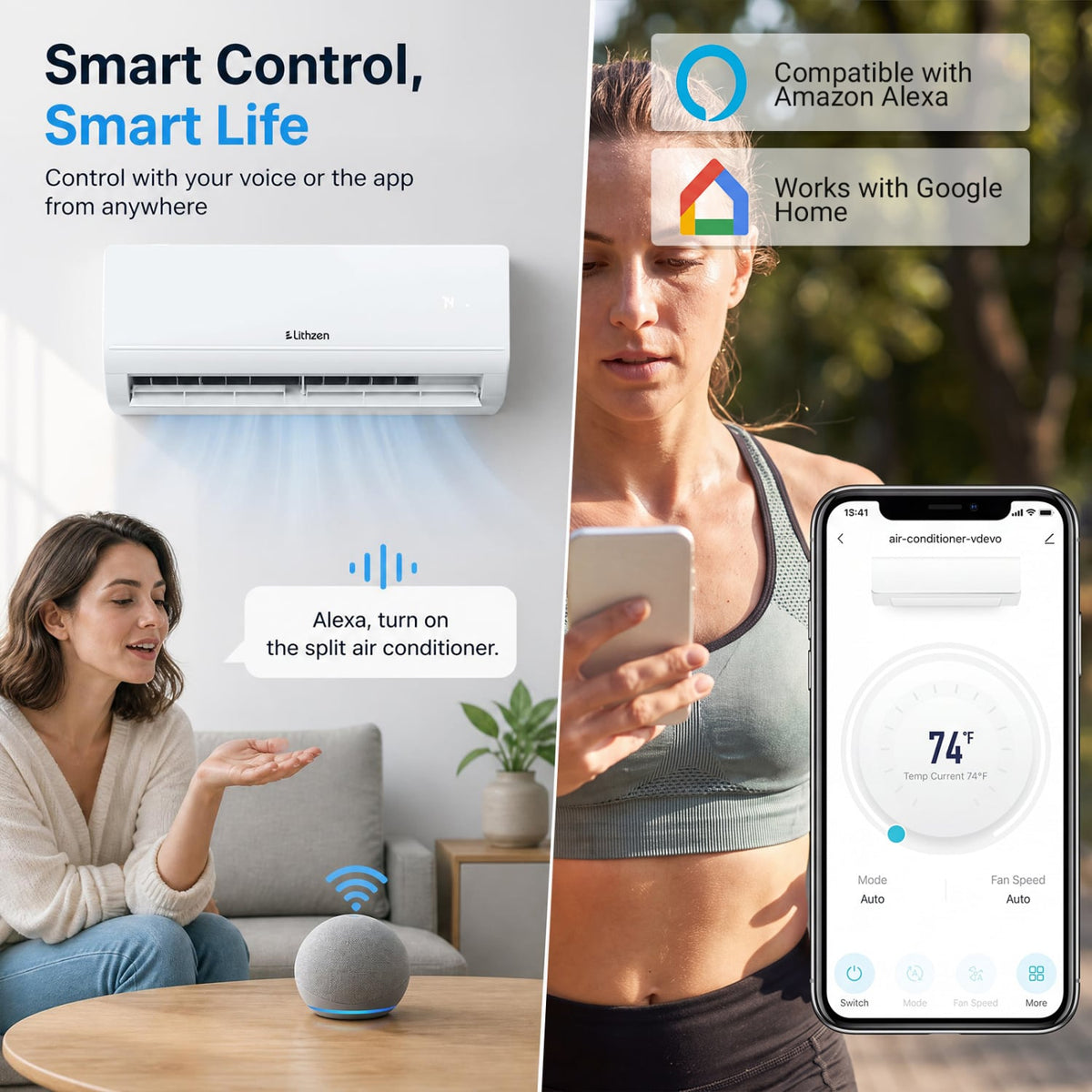 Lithzen 12000 BTU 208-230V 17 SEER2 Mini Split Air Conditioner and Heater WiFi Enabled-Mini Split Air Conditioners-DECOROLALA