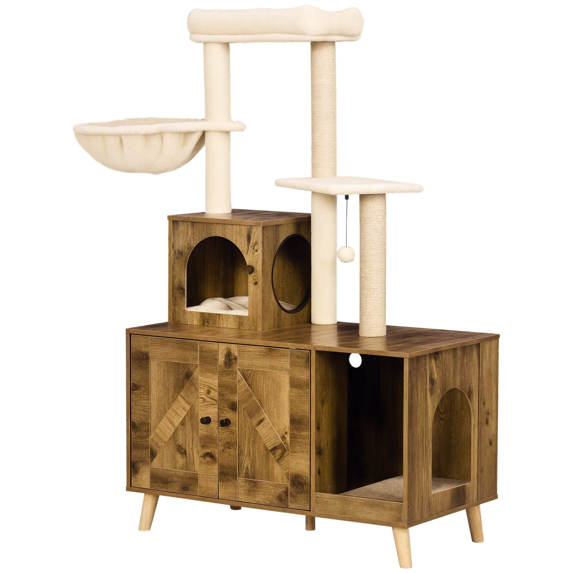 Litter Box Enclosure with Cat Tree Tower, Hidden Cat Washroom Furniture with Condo, Scratching Posts, Large Platform, Hammock and Soft Cushion, Rustic Brown-Cats-DECOROLALA