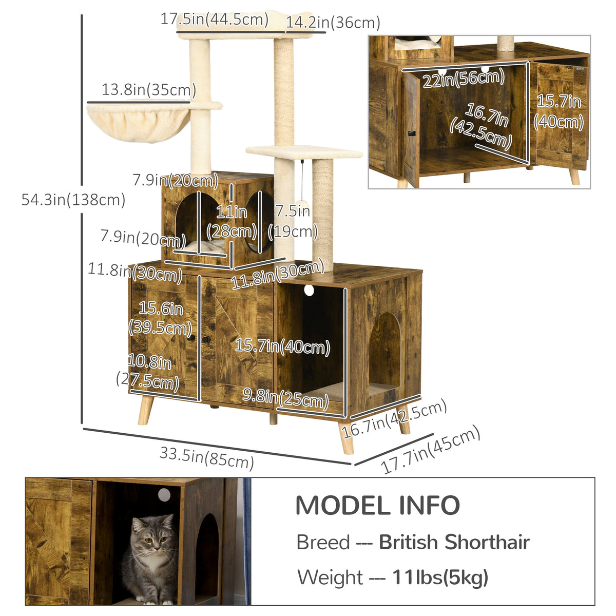 Litter Box Enclosure with Cat Tree Tower - Rustic Brown-Cats-DECOROLALA
