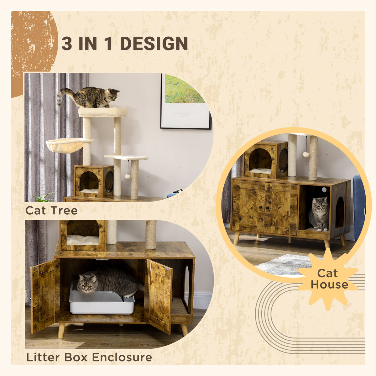Litter Box Enclosure with Cat Tree Tower - Rustic Brown-Cats-DECOROLALA